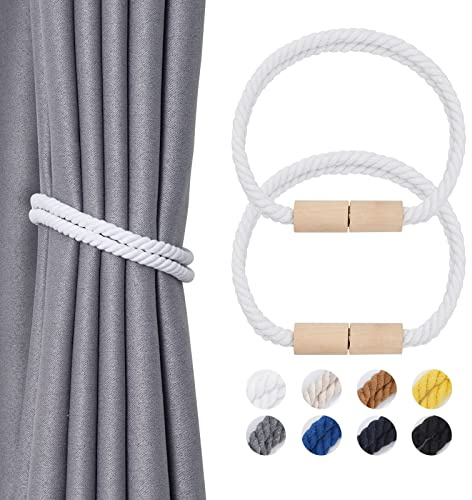 Pretty Jolly 2-pack magnetiska gardinbindningar i trä boho-dekoration draperi knytband naturlig bomull handgjorda dubbla rep gardinhållare för tunt och tjockt hem och kontor fönsterdraperi (ny vit)