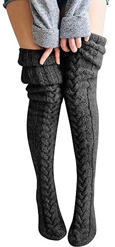 FGFD&OU Calze da Donna Sopra il Ginocchio Calzini Termici Invernali Extra Lunghi Calze Natalizie Calzettoni a Maglia Calze di Coscia Retro Scaldamuscoli per Lady e Ragazze (Grigio profondo)