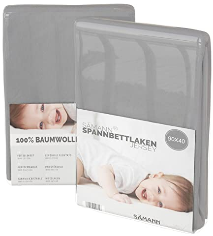 Sämann Jersey Spannbettlaken Spannbetttuch 90x40 cm für Beistellbett, Wiege & Stubenwagen, Baumwolle grau