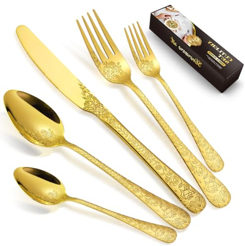 Cutlery Set Gold | 30 Piece Gold Stainless Steel Flatware Set| Engraved Rose Pattern | Forks,Spoons & Knives for Home,Restuarant,Party Supplies & Buffet Table,Serves 6 People