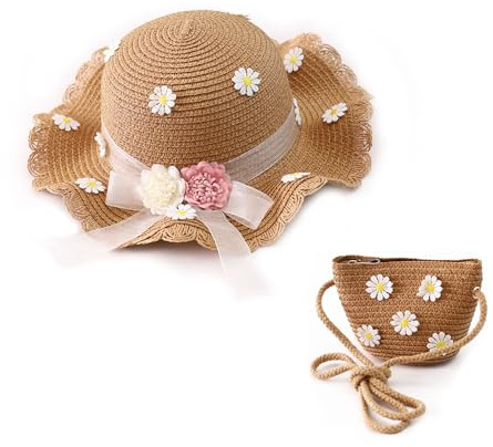 Cappello Di Paglia Per Bambini Da Spiaggia Con Borsa, Ragazze Da Sole Per Viaggiare (Cachi)