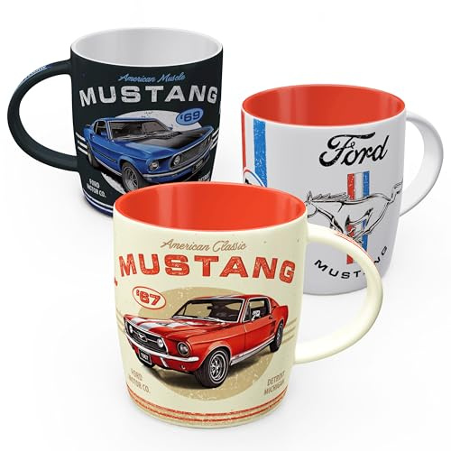 Nostalgisk konst retro kaffemugg (set med 3), 330 ml, Ford Mustang Set 2 – presentidé för Ford-tillbehör fans, original licensprodukt (OLP), keramisk kopp för kaffe, vintage design | Original Ford licensprodukt (OLP), keramisk kopp för kaffe, vintage design, presentidé för Ford-fans