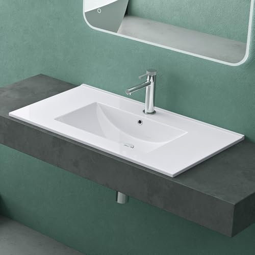 Mai & Mai Lavabo Encastré en Céramique 80cm Blanc Lave Mains Rectangulaire avec Perçage de Robinet et Trop-Plein 81x47x18cm BR912