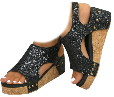 Whimsyard kvinnors läder kil ortopediska sandaler, bred plattform kilsandaler, kvinnors öppen tå spänne ankelrem sommar plattform bröllop sandaler s, Svart paljett, 8 UK Wide