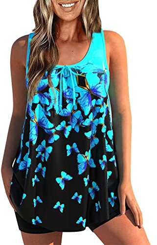 Tankini Maillot De Bain Femme 2 Pieces Shorty Tankini Grande Taille Menstruelle Amincissant Maillot De Bain Taille Haute Ensemble Push Up Bikini D'été Marque Pas Cher Swimwear(Bleu,4XL)