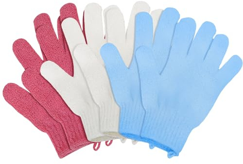 6Pcs Exfoliating Gloves - Bamboo Shower Gloves - Bath and Body Exfoliator Mitts - Scrubs Away Ingrown Hair and Dead Skin - for Shower, Spa and Massage Cell Remover Loofah - White, Red, Blue
