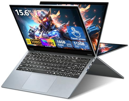 Ordinateur Portable 2 en 1, 15,6 Pouces Win 11 PC Portable Ryzen 3 3200U CPU, PC Portable 16Go DDR4 512Go SSD, Radeon Graphics GPU, Laptop 360°Flip IPS Tactile Écran, RJ45+TypeC+Mini-HDMI+USB+Webcam