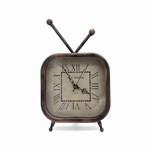 Vintage Metal TV Style Silent Table Clock, Roman Retro Art Mantel Clock, Non Ticking, Battery Operated, for Living Room, Bedroom, or Office Décor（26 cm Height ）