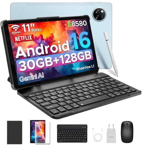 DOOGEE Tab A9 Pro+ Tablette Android 16, Tablette 11 Pouces 90Hz, Batterie 8580mAh, 30 Go RAM+128 Go ROM/TF 2 to, Tablette avec Clavier Unisoc T7200, 13MP+5MP, Widevine L1/WiFi/OTG/Face ID/FM