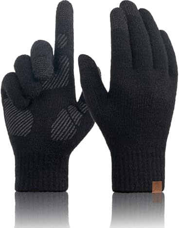 Guantes Invierno Hombre de Lana Merino, Guantes Termicos de Punto Tactiles Movil Smartphone para Hombre Mujer, Tejido Cálido Suave Ideal para Senderismo Bicicleta Deporte Correr Aire Libre - Negro L