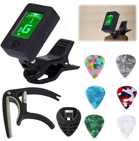 Guitar Tuner and Capo Set with 6 Guitar Picks and Pick Holder, Clip-On Electric Guitar Tuner, Portable Guitar Accessories for Guitar Players