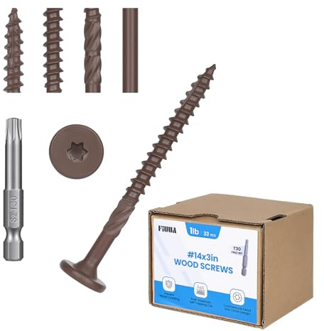 Fiuua #14 * 3 Heavy-Duty Wood Screws（33Pcs/1LB, Star Drive Deck Screws, Rust Resistant Timber Screws for Timber/Log/Landscaping Wood(Brown)