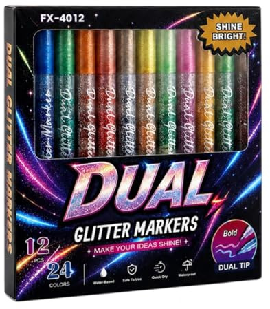 Glitter Pens For Adults | 24 Colors Double-Ended Coloring Markers | Glitter Paint Pens for Art Drawing Painting Lettering Journal Planner Office Home Birthday Halloween Wedding
