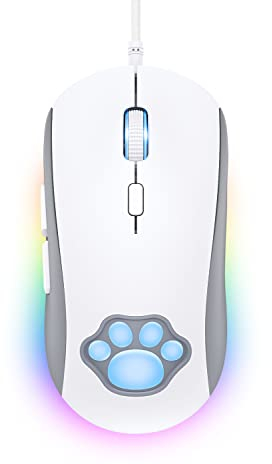 PHNIXGAM Cat Claw RGB-Gaming-Maus, leise optische Computermaus mit USB-Anschluss, 6 einstellbare DPI bis zu 7200, RGB-Beleuchtung, 6 programmierbare Windows/Vista/Linux-Tasten, Weiß
