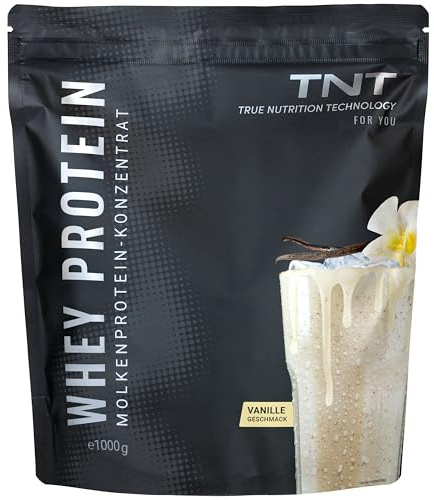 TNT Whey Protein Pulver, 1kg, Vanille • Eiweißpulver Konzentrat mit Laktase • Ideal zum Muskelaufbau und -erhalt • Mit EAAs und BCAAs (Verpackung kann variieren)