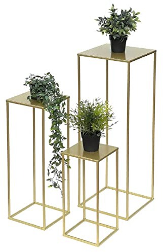 DanDiBo Juego de 3 taburetes para flores de metal dorado, rectangular, mesa auxiliar 96406, columna de flores, moderno soporte para plantas, taburete para plantas