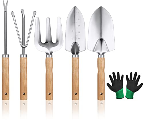 OFFCUP Gartenwerkzeug-Set, 6pcs Garten Handwerkzeuge enthält EIN Paar Handschuhe, Klein Schaufel, Gartenbepflanzung Schaufel Topfblumen Gartengeräte Lose Boden Rechen