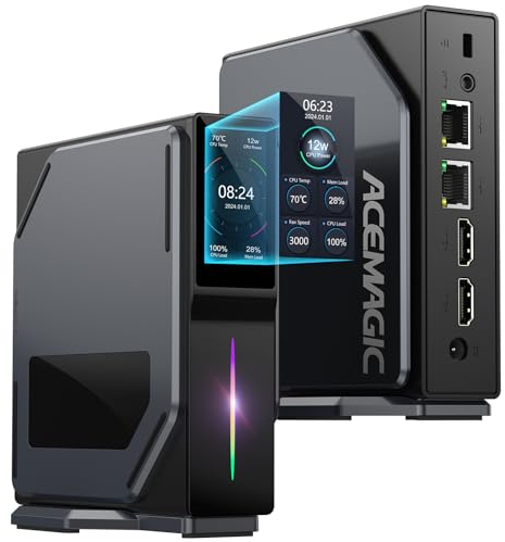 ACEMAGIC S1 Mini PC con schermo LCD/doppia LAN, 12TH Gen Ιntel Alder Lake-N97 (fino a 3,6GHz), 16GB DDR4 512GB M.2 SSD Vertical Mini Desktop Computer, luce RGB/WiFi 6/BT 5.2/4K UHD per casa/ufficio