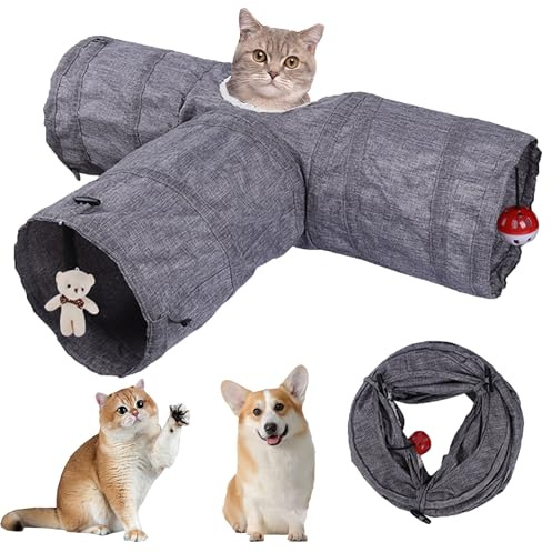 MZSX 3 Way Collapsible Cat Tunnel Toy, Cat Tunnel Toy, Collapsible Cat Playhouse Pet Play Tunnel Tube, Suede Crinkle Cat Tube Tunnel, Suitability Puppy, Rabbits, Indoor and Outdoor Use