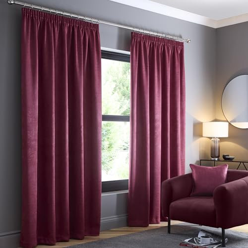 Fusion - Wine Red Pencil Pleat Curtains W90 x L72 (229 x 183cm) - 100% Cotton - 2x Panels - Soundproof & Thermal for Bedroom - Claret Pleated Drapes
