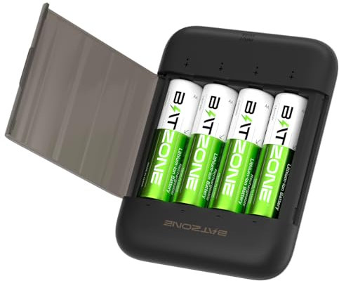 Pilas Recargables Litio AA con Cargador 1,5V AA Recargables Litio 4 Pack,2500mWh Batería de Litio Alta Capacidad más de 1400 Ciclos (Sin Cable de Carga)