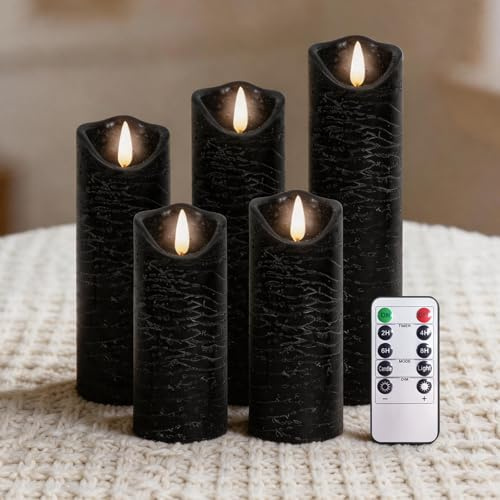 PinnWaa Candele LED, [Set di 5] Candele a Colonna in Vera Cera, Candela a Batteria a LED Senza Fiamma, con Telecomando a 10 Ttasti e Funzione Timer - Nero