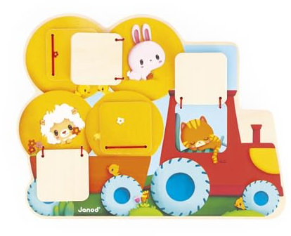Janod - Wooden Tractor Hide and Seek Puzzle - 5 Doors to Open - Develops Fine Motor Skills - Developmental Toy for Children - From 12 months - J07128