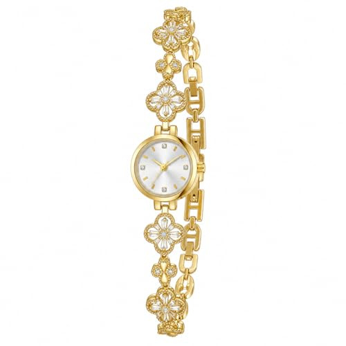 ALANTOP Vintage guldklocka för kvinnor fyrklöver diamant damarmbandsur rostfritt stål elegant läcker liten damklänning armbandsur vattentät lyxig present