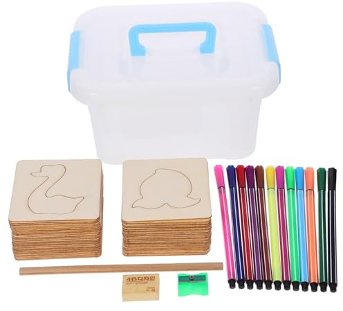 KONTONTY Wooden Drawing Stencil Art Set with Reusable Templates for School Includes Watercolor Pens Pencil Sharpener Eraser Storage Box Promotes Creativity and Motor Skills Random Color
