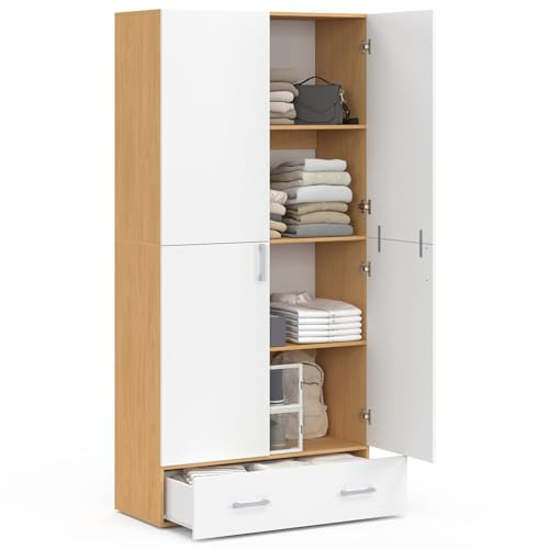 IDMarket - Armario 2 puertas Juliana blanco y madera estantes 80 cm con 1 cajón