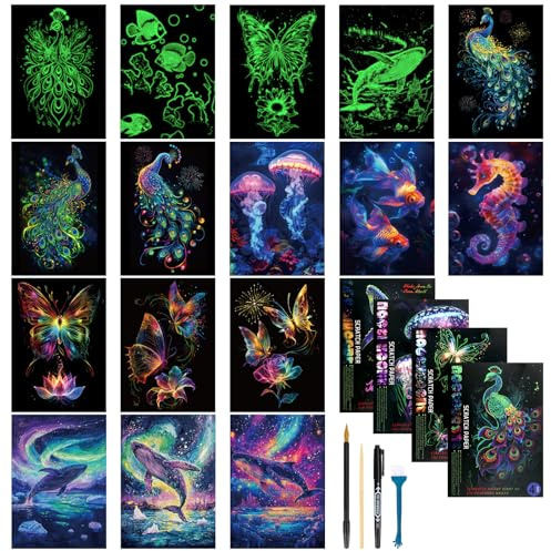 Qichan 16 Feuilles Dessin a Gratter Adulte, Lumineux Tableau a Gratter Adulte A4 avec 4 Outils, Série des Monde Marin + Baleine + Papillon + Paon Scratch Art, Scratch Paper Painting pour Adultes