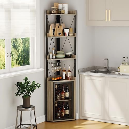 GarveeHome Corner Bar Cabinet with Glass Holder, 5-Tier Liqueur Cabinet, Industrial Wine Rack, Wine Storage Sideboard, Freestanding Corner Shelf, Display Storage Shelves for Home Bar Dining Room