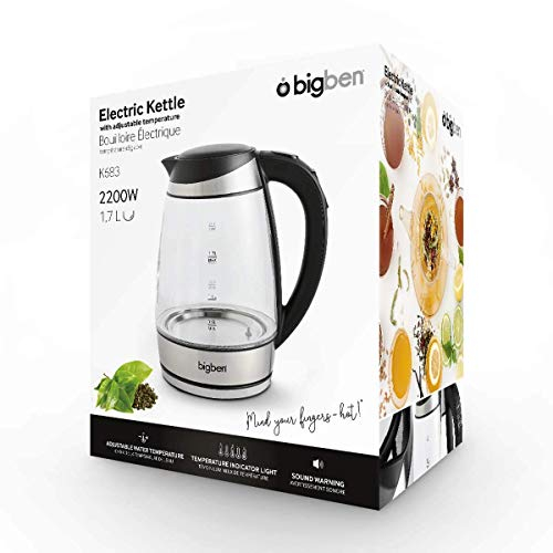 BigBen Bouilloire Électrique Verre 1,7L - 5 Températures Réglables 50-100°C - LED Multicolore - Filtre Anticalcaire - Base 360° - 2200W - K683
