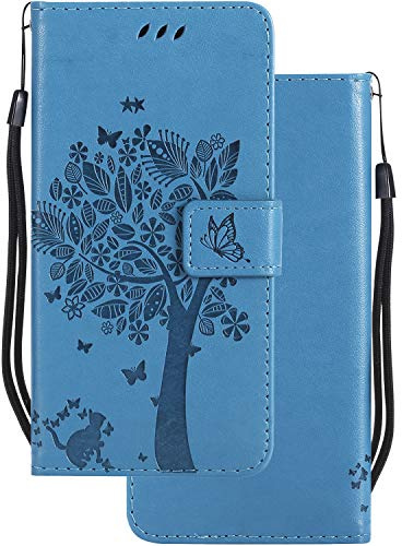 LEMORRY Coque pour Xiaomi Pocophone F1 Etui Cuir Portefeuille Pochette Mince Bumper Protecteur Magnétique Fente Carte Silicone TPU Housse Flip Cover pour Xiaomi Pocophone F1, Chanceux Arbre (Bleu)