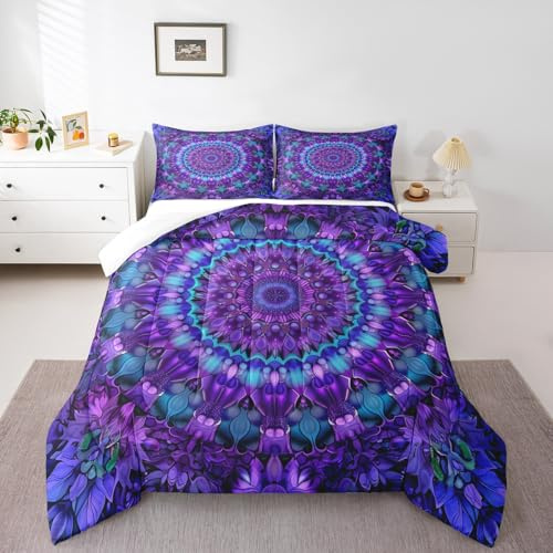 Erosebridal Mandala Comforter Set Twin Boho Chic Medallion Bedding Set for Kids Girls Teens Women Bedroom Decor, Bohemian Exotic Flower Quilted Duvet Mandala Tie Dye Spiral Comforter+1 Pillow Case