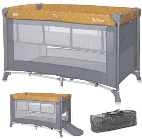Lorelli 2 in 1 Babybett und Laufstall Torino 2 Ebenen mit Neugeborenen Einsatz und Seiteneingang, Kinderbett ab Geburt bis 15 kg, Baby Reisebett, faltbar inkl. Transporttasche, gelb
