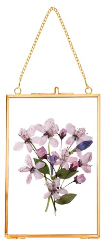 REDHUGO Hanging Pressed Flower Frames, Double Glass Floating Picture Frame Handmade, Glass Frame for Pressed Flowers, Vintage Brass Picture Frame for Artwork Wall Display Mount, Gold