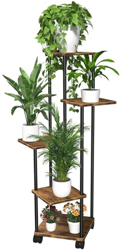 GBLAVM 5 Tier Hölzern Blumenständer Pflanzenregal Mit Abnehmbaren Rollen, Mehrstöckig Pflanzenständer Blumenregal Blumentreppe Pflanzentreppe Blumenbank Für Innen und Außenbereich Garten Balkon Deko
