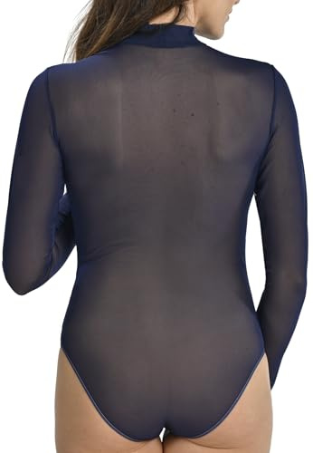 Teyli body de mujer de manga larga, transparente, con cuello alto – elegante bodysuit para fiesta y look casual – modelo ajustado y llamativo de malla. Azul