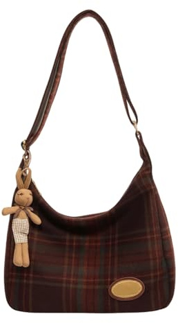 MILLEVIBE BAGHobo - Bolso cruzado a cuadros para mujer con bonito accesorio, elegante bolsa de tela de lana para mujer 2024, Rojo -