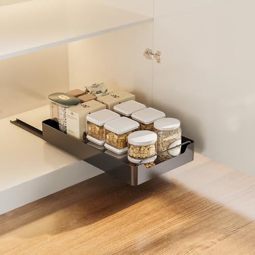 Cachpib Teleskopschublade, Ausziehbare Schublade für Küche, Küchenschrank Organizer mit Griff, Schrank Organizer für Speisekammer und Badezimmer Waschtisch - Schwarz 20CM