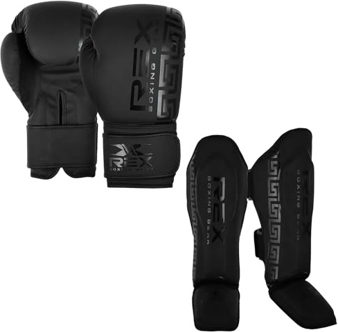 Rex Sports Boxing Gloves With Shin Instep for Kickboxing, MMA Fighting Pads, Muay Endurance Shinpads - Heavy Duty Punching, Sparring (12oz Gloves, Medium Shin Size)