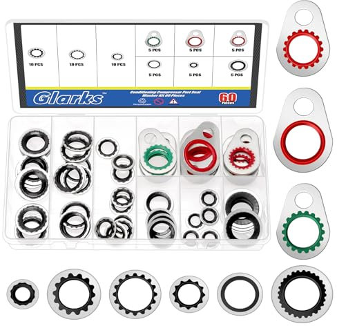 Glarks 60pcs Air Conditioning Compressor Port Seal Washer Kit, BC-6004 BC-6005 BC-6001 BC-6003 BC-6002 BC-6003A BC-6010 BC-1700219 BC-6009 AC Port Seal Washer Kit, A/C Compressor Seal Washers Kit