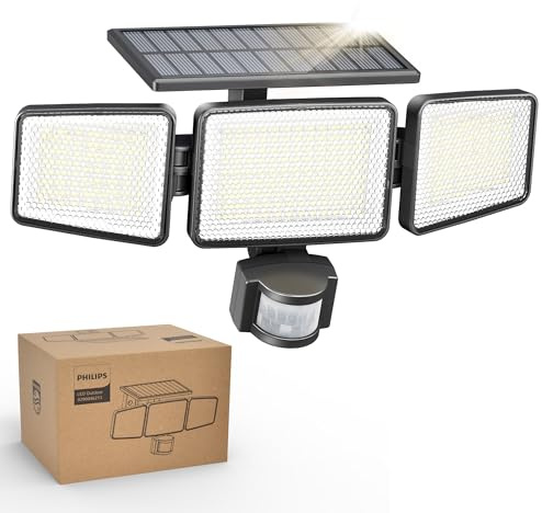 Philips Solarlampen für Außen mit Bewegungsmelder, 302 LEDs 1200 Lumen, Solarbetriebene Wasserdichte Wandfluter, 3 Köpfe, IP65 Wasserdicht, 3 Modi (1 Stück)