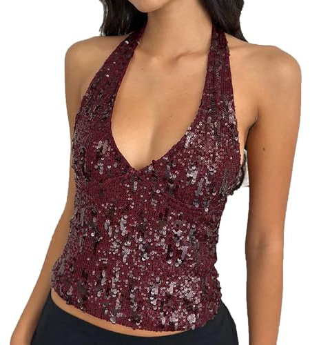Women's Sequin Halter Tank Tops Sexy Deep V Neck Sparkly Glitter Backless Sleeveless Cami Club Party Going Out Vest (Wine Red, M)