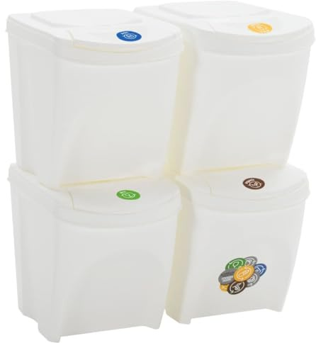 Tomostar Lot de 4 Poubelle Tri Sélectif, Poubelle de Cuisine Système de tri Sélectif des Déchets Poubelles à ordures empilables 4 pcs Blanc 100 L Polypropylène