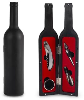H&H Sommelier låda i svart PVC-flaskform – 5 stycken set med servitörsklocka, hårklippare, skyddslock, hälllock och droppring – magnetisk stängning