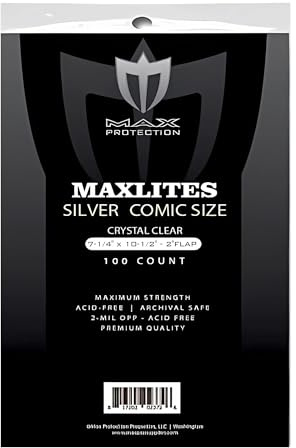 (2) Max Protection MaxLites Premium Comic Book Bags - Archival Safe Crystal Clear Storage - Mylar Comic Book Bags Alternative - Acid-Free - Silver Age Size - 100 Bags - 2 mil Thickness, 7 1/4 x 10 1/2
