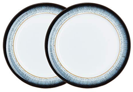 Denby Halo Speiseteller, 2er-Set, reaktive Glasur, spülmaschinenfest, mikrowellengeeignet, Geschirr, 28 cm, schwarz, grau, weiß, Keramik, Steingut, splitter- und rissfest