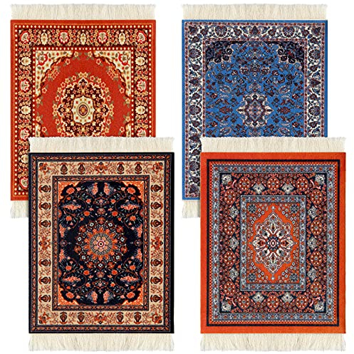 4 Pieces Rug Table Coasters Table Drink Holders Oriental Design Fabric Carpet Drink Mats Oriental Design Fabric Elegant Carpets Kitchen and Bar Mats for Home Office(Square,Retro Pattern)